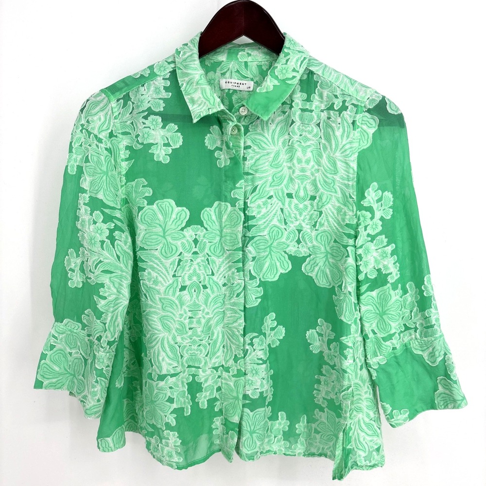 Equipment Femme Silk Blend Floral Blouse Women's Button Down Green Sheer Size L
